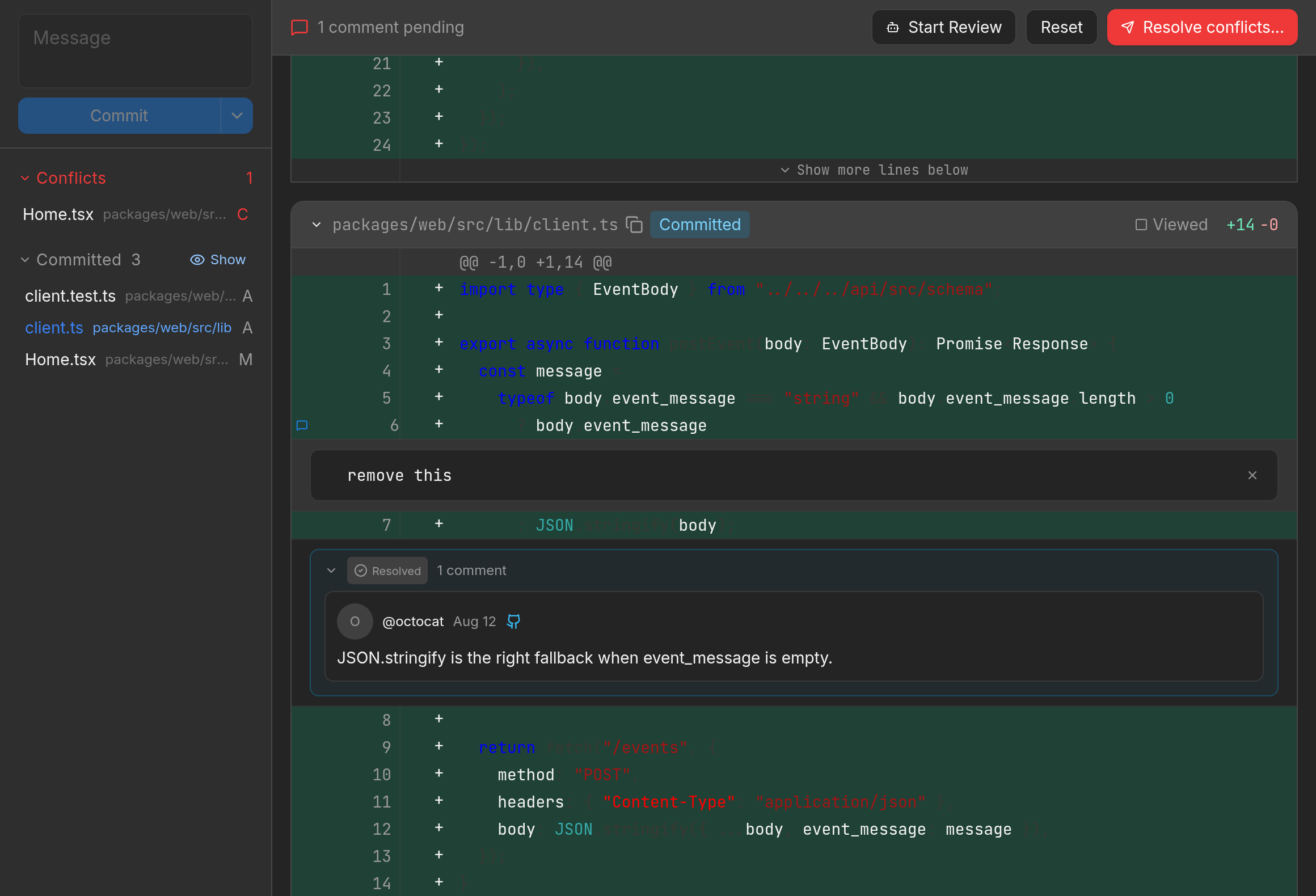 Treq Changes tab with a resolved GitHub review thread and a local comment that says remove this